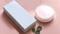 Cosmetic cream in white container with green eucalyptus leaves on pink background
