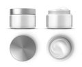 Cosmetic cream in white jar top and front views mockup. Realistic skin care product package. Round open container with