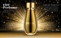 Cosmetic Design Product. Realistic Gold Woman Parfume Bottle Mockup on Dazzling Background. Golden bokeh. Contained