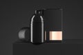 Cosmetic dispenser and bottle for cream, gel, lotion near cardboard box. Beauty blank product package. 3d rendering.