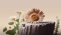 Cosmetic display with daisy flowers on the stone podium.