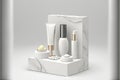 Cosmetic display stand on white background, white stone podium