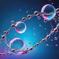 Cosmetic essence, liquid water molecules, molecules inside liquid against DNA water splash background, 3d rendering