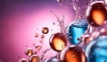 Cosmetic essence, liquid water molecules, molecules inside liquid against DNA water splash background, 3d rendering