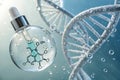 Cosmetic essence molecule inside liquid bubble on DNA splash Royalty Free Stock Photo