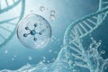Cosmetic essence molecule inside liquid bubble on DNA splash Royalty Free Stock Photo