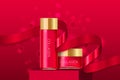 Cosmetic face serum and cream boxes with red ribbon