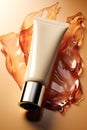 Cosmetic foundation in a plastic tube on a creative background with a smear