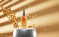 Cosmetic glass bottle spray with golden liquid on podium in sunlight. Perfume in splash water, face or body oil, lotion Royalty Free Stock Photo