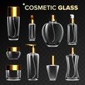 Cosmetic Glass Set Vector. Empty Glass Bottle, Tube, Box, Jar Package. Skincare Beauty Healthy Product For Women s Royalty Free Stock Photo