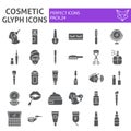 Cosmetic glyph icon set, makeup symbols collection, vector sketches, logo illustrations, beauty signs solid pictograms