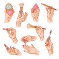 Cosmetic in hand vector beauty make up cosmetology for beautiful woman and manicured hands with manicuring fingernails