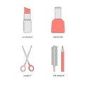 Cosmetic icons. Lipstick, nail polish, scissors, mascara, pencil.