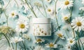 Cosmetic jar blank mockup placed on a serene watercolor chamomile background Royalty Free Stock Photo