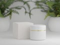 Cosmetic jar mockup with packaging box on a white background with house plants Royalty Free Stock Photo