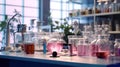Cosmetic laboratory with bio research close-up. Generative AI.