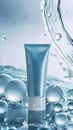 A cosmetic light blue tube of cream product stands on soft spheres of water. Created by artificial intelligence.