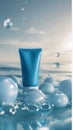 A cosmetic light blue tube of cream product stands on soft spheres of water. Created by artificial intelligence