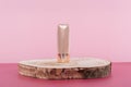 Cosmetic liquid foundation nude cream cosmetics bottle mockup on wooden podium. Beige packaging concealer base product