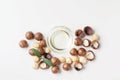 Cosmetic macadamia oil and heap of nuts on white table from above. Royalty Free Stock Photo