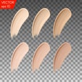 Cosmetic make up beige liquid foundation smudges range of colors on transparent background. Vector Illustration Royalty Free Stock Photo