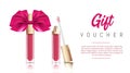 Cosmetic make up Gift vaucher. Vector illustration of liquid lipstick with ribbon bow. Fashion cosmetic banner.