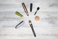Cosmetic makeup set. Decorative compostion of cosmetics on rustic bright wooden table. Woman accessories on background with copy Royalty Free Stock Photo