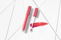 cosmetic makeup skincare mockup template product, lipstick and lip gloss smudge on white