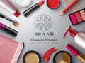 Cosmetic mock up products vector banner template. Make up cosmetics product with eye shadow pallete, lipstick and foundation. Royalty Free Stock Photo