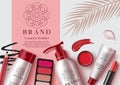 Cosmetic mock up products vector template design. Make up cosmetics product with elements like face cream, eye shadow pallete. Royalty Free Stock Photo