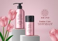 Cosmetic mock up vector banner template. Feminine care products in pink elegant bottles packaging with tulip flower background.