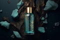 Cosmetic mockup of micellar bottle in teal golden colours on brown stones background