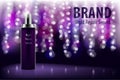 Cosmetic moisturizing brand product. Shiny violet night repair serum bottle on a dark background with soft bokeh. Vector