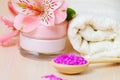 Cosmetic moisturizing cream towels and flower Royalty Free Stock Photo