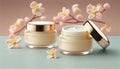 Cosmetic natural cream in jars over pastel beige background with flowers. Al generated