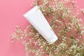 Cosmetic nature organic skincare concept. white cosmetic tube container with blank label for branding packaging mock up