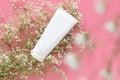 Cosmetic nature organic skincare concept. white cosmetic tube container with blank label for branding packaging mock up, decorate