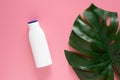 Cosmetic nature skincare concept. white cosmetic bottle container with blank label for branding mock up, decorate with green leave