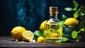 Cosmetic oil in a bottle, fresh lemon