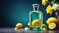 Cosmetic oil in a bottle, fresh lemon relaxation cosmetology spa