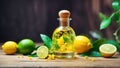 Cosmetic oil in a bottle, fresh lemon relaxation