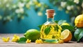 Cosmetic oil in a bottle, fresh lemon relaxation cosmetology