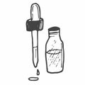 Cosmetic oil in a bottle, massage or sauna oil. Vector doodle illustration