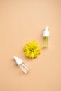 Cosmetic oil in a bottle with a pipette for the face and body on a natural background with a decor in the form of a natural stone