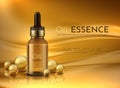 Cosmetic oil. Realistic advertisement banner with beauty cosmetics and golden oil drops. Vector luxury product with