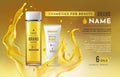 Cosmetic oil splash. Luxury hair product. 3D golden skin care bottle. Liquid texture. Essential moisturizing cream