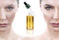 Cosmetic oil among woman face before and after moistening.