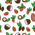 Cosmetic oils seamless pattern. Nuts from which squeeze oils. Nourishing oils for skin beauty. Vector icons