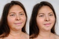 Before and after cosmetic operation. close-up of female face, neck of woman 40-50 years old with wrinkles in two versions, Royalty Free Stock Photo