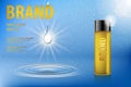 Cosmetic package for your design and advertising. Cosmetic yellow glass bottle template on water blue background with